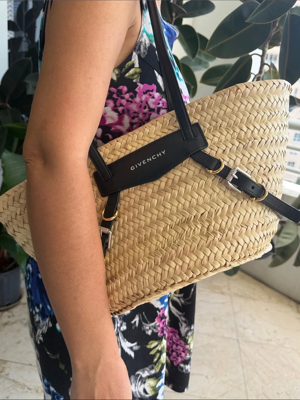 Givenchy Natural Straw Basket Tote with Black Leather Accents